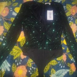 12th Tribe Vintage Green Sequined Bodysuit Sz. L