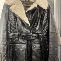 GUESS Black Leather Jacket Bomber With Belt And Fur 