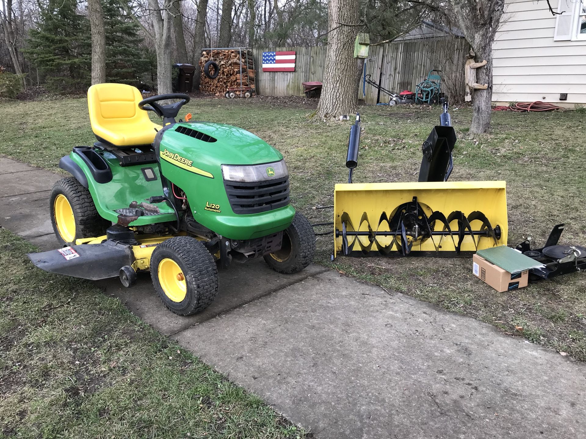 Jon Deere L120 riding mower with 2 stage Snowblower attachment and manuals
