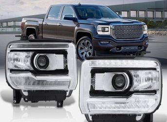 2014 - 2019 GMC Sierra 1500 Sierra 2500HD Sierra 3500HD LED DRL Bar Factory Projector Headlights Black Housing Halogen Models Only 14 - 19