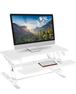 Height Adjustable Sit to Stand Riser, Dual Monitor and Laptop Workstation with Wide Keyboard Tray