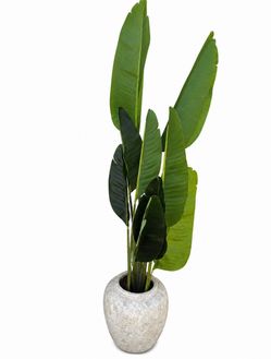 🌿 Large Artificial Tropical Plant + Decorative Vase – $130  Beautiful tall artificial tropical plant with large green leaves and a textured stone-loo