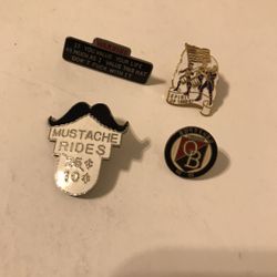 Set of 4 Vintage 1986-87 Pins: 1 Mustache Rides 1 OB Lager Beer & 2 More