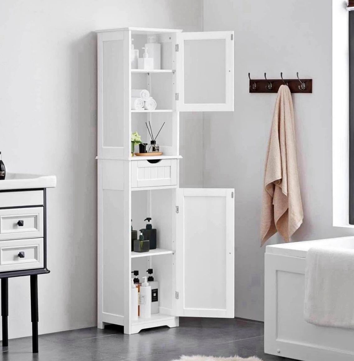 Tall Bathroom Storage Cabinet 67″, Wooden Floor Cabinet with Glass Door, Freestanding StorageOrganizer with Adjustabl