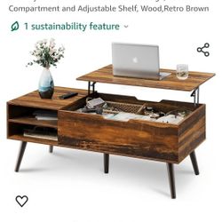 Lift Top Coffee Table for Living Room,Small Mid Century Modern Coffee Table with Storage,Hidden Compartment and Adjustable Shelf, Wood,Retro Brown

