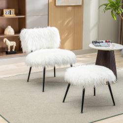 NEW Ivory Faux Fur Plush Accent Chair with Ottoman, 25.2'' Wide Living Room Chair with Footrest