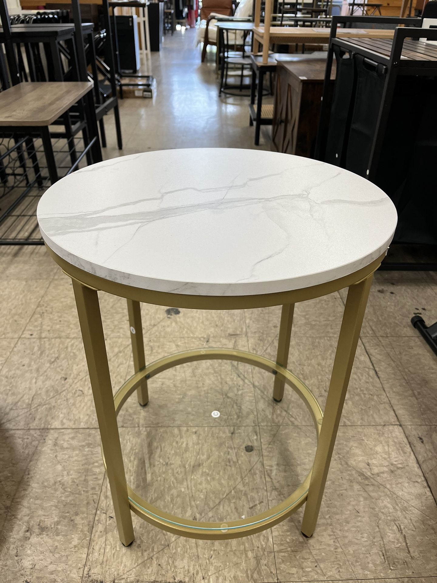 VASAGLE Small Round Side Table w/ Faux Marble Top Glass Shelf Modern Style - Gold