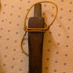 Antique Hand-Carved Folk Art Scythe Stone Holder & Original Carborundum Sharpening Stone - Early 20th Century