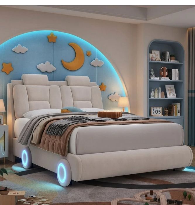 Full Size Velvet Bed Frame With LED wheels