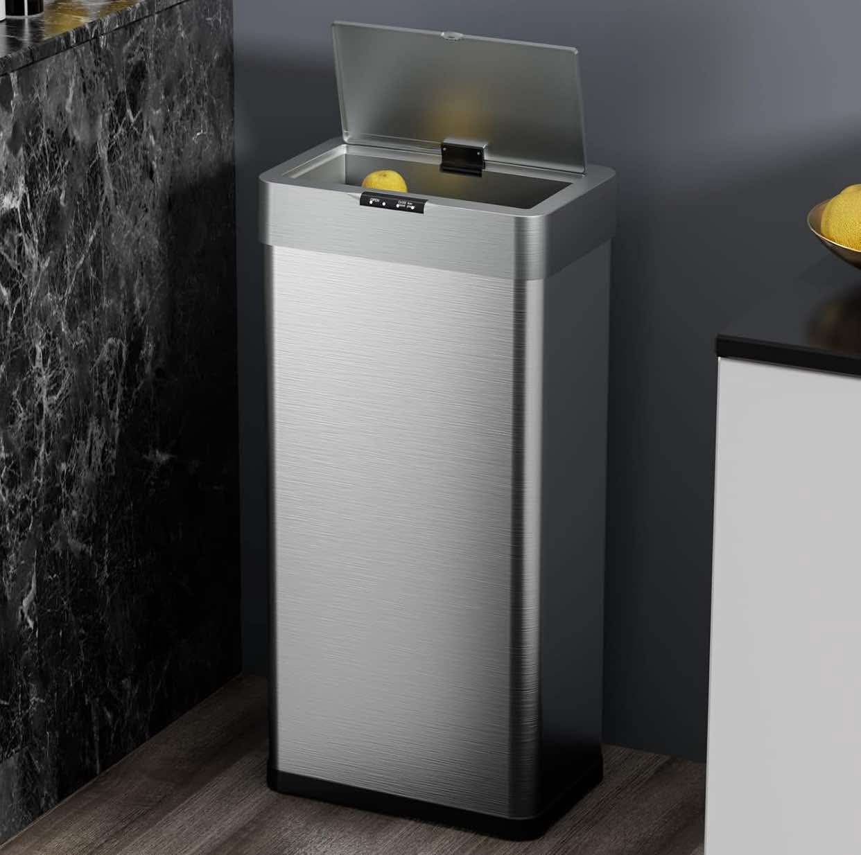 16 Gallon Motion Sensor Trash Can,Touchless Automatic Garbage Can,Brushed Stainless Steel Smart Bin,with Bag Holder,Soft Close Lid,for Kitchen,Office,