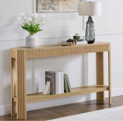 Fluted Solid Wood Console Table, Light Oak, 56”x12”x32” Modern Farmhouse Entryway