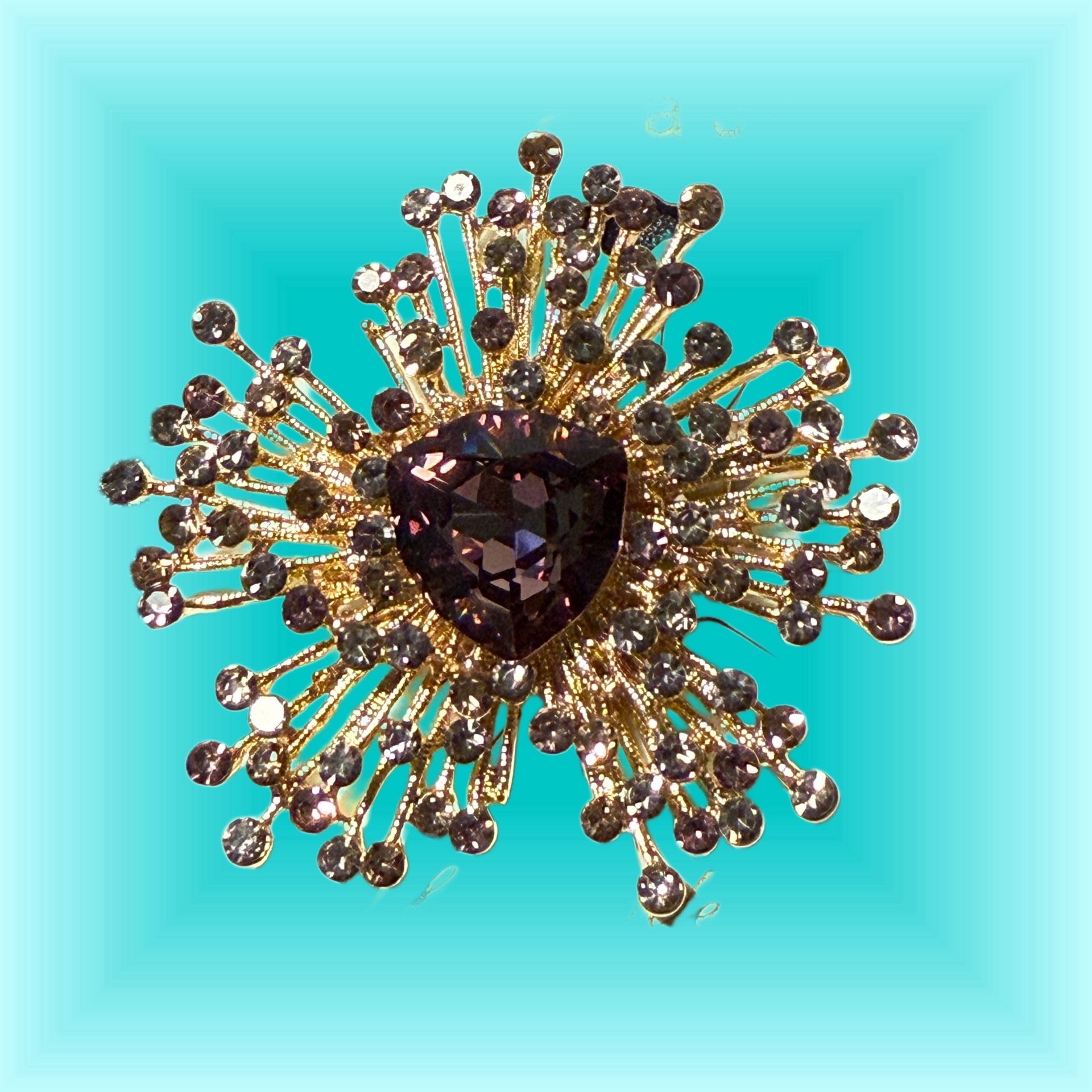 JJ Fantasia 2000s Gold Purple Rhinestone Burst Brooch, NWT, 3x2.25”