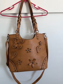 Tan Faux Tote Bag with Floral Studs