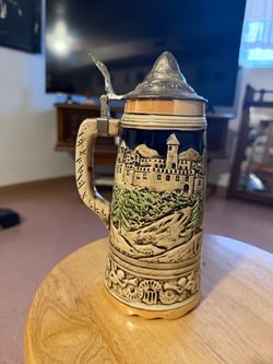 German Ceramic Beer Stein with Pewter Lid