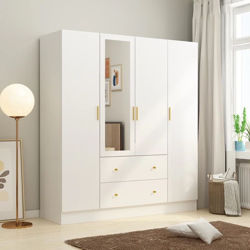 4 Door Wardrobe Large Storage Cabinet Armoire with Mirror and 2 Drawer