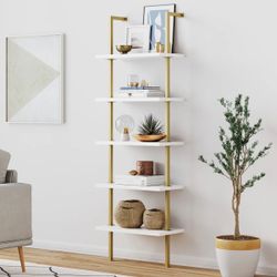 5-Shelf Ladder Bookshelf White Gold