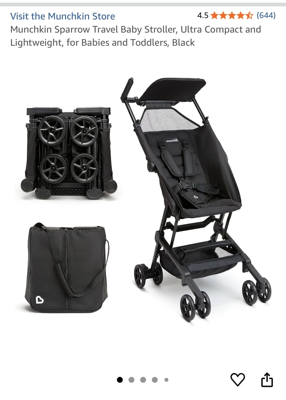 Munchkin Sparrow Travel Baby Stroller, Ultra Compact and Lightweight, for Babies and Toddlers, Black