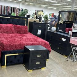 New In Boxes Black Velvet 5pc. Queen Bedroom Set (Mattress NOT Included)