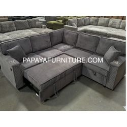 New! Dark Grey Sectional Sofa Bed, Sofabed, Sectional Aofa With Pull-out Bed, Corduroy Sectional, Sofas, Couch, Sleeper Sofa, Plush Sectional With USB