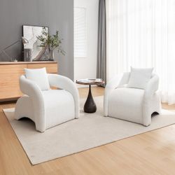 Set of 2 Open-Back Boucle Upholstered Accent Armchair with Pillow，WHITE Polyester Blend
