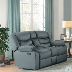 Brand New Gray Linen Manual Reclining Loveseat With Cup Holders