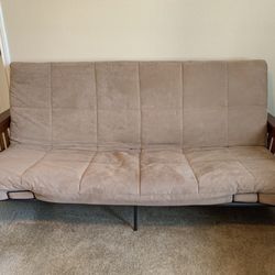 Tan/Mahogany Wood Futon With Beige Mattress In Excellent Condition