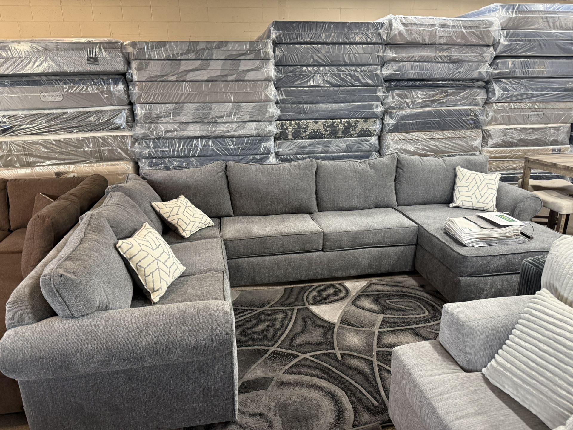 NEW BROWN SECTIONAL & OTTOMAN $599 NEW GRAY LARGE SECTIONAL $999