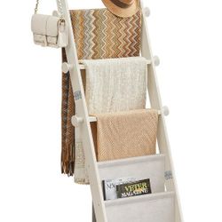 VASAGLE Blanket Ladder for Living Room, 5-Tier Wooden Ladder Shelf, Decorative Farmhouse Blanket Rack with Synthetic Leather Bag, Metal Hooks, Side Ho
