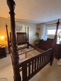 Solid Hardwood Four-Poster Queen Bed Frame – Dark Mahogany Finish