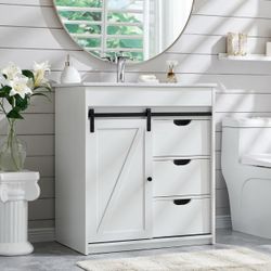 White Bathroom Vanity with Sliding Barn Door and sink