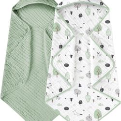 Yoofoss Hooded Baby Towels for Newborn 2 Pack 100% Muslin Cotton