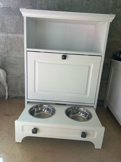White Wood Pet Feeding Station with Storage