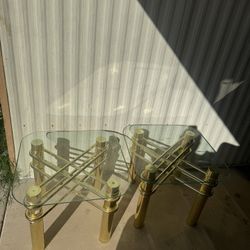 Glam Brass & Glass Side Tables — Set of 2 Vintage Postmodern Brass End Tables — Pair 