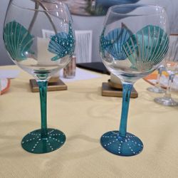 Pair Of Teal Beachy Wine Glasses