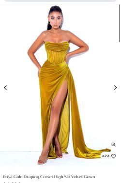 Priya Gold Draping Corset High Slit Velvet Gown