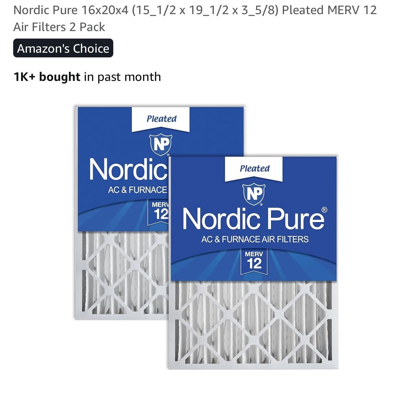 Nordic Pure 16x20x4 (15_1/2 x 19_1/2 x 3_5/8) Pleated MERV 12 Air Filters 2 Pack