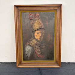 Rembrandt Man In Golden Helmet - Vintage Painting MCM Portrait Signed Framed Mid Century Modern