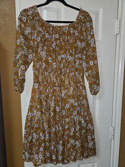 Mustard Floral Smocked Waist Tiered Dress – Long Sleeve / Size L