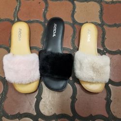 Soda Faux Fur Fuzzy Pom Flat Sandals NEW