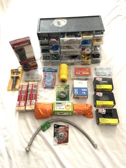 Mostly brand new contractor hardware and building supplies with storage case