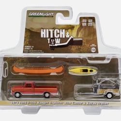 GREENLIGHT HITCH & TOW -1978 FORD F-150 RANGER EXPLORER WITH CANOE KAYAK TRAILER 1/64th