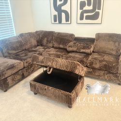 (3 Colors) Corduroy Sectionals + Storage Ottoman 