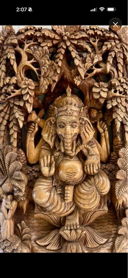 Ganesha wall or desk relief, Hand carved, Natural wood