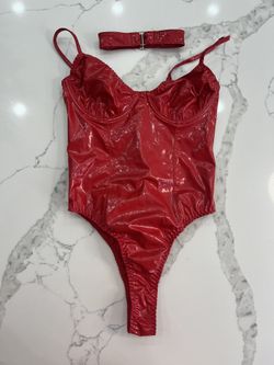 Red PU Leather Sexy Bodysuit with Matching Choker – Size Small
