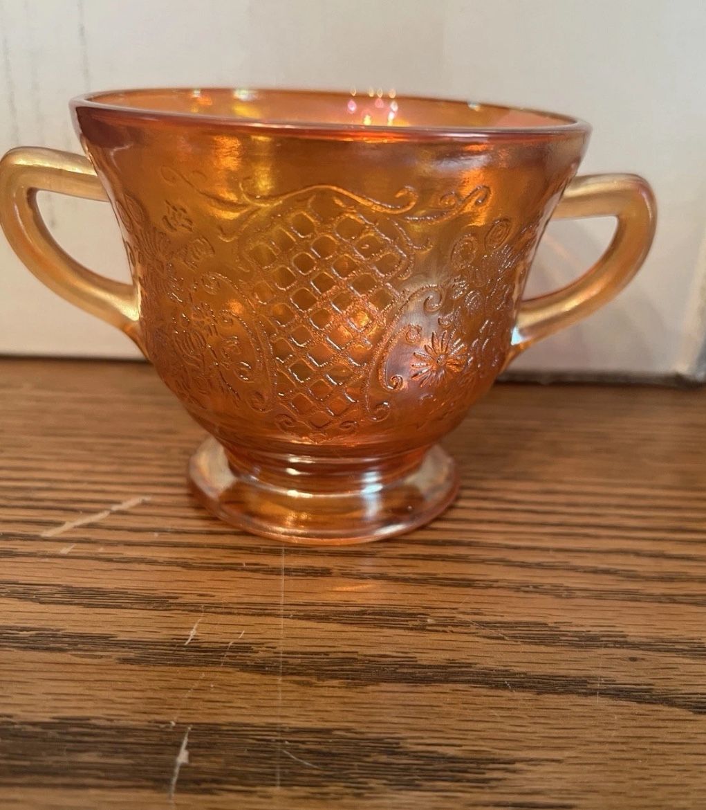 RARE vintage Federal Glass Normandie Open Sugar in the iridescent marigold color