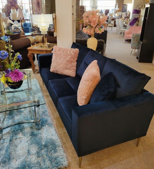 Navy Blue Gold Sofa Velvet Modern