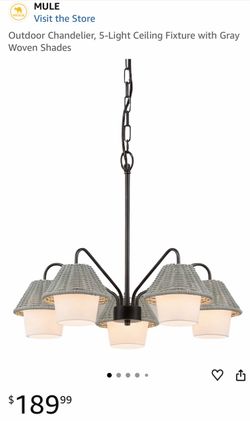 Outdoor Chandelier, 5-Light Ceiling Fixture with Gray Woven Shades