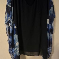 💙 Black Blouse with Blue Floral Sheer Sleeves (Avenue)