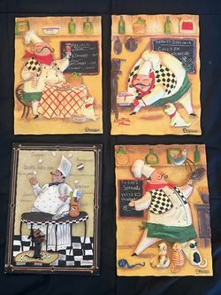 Vintage 3D Fat Chef Wall Plaques Set of 4 - Durham & Dena Marie Kitchen Italian Bistro retro decor