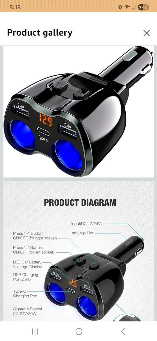 Otium USB C Car Charger, 2 Sockets Cigarette Lighter Splitter 12/24V 80W Dual USB Type-C Ports Separate Switch LED Voltage Display Built-in Replaceabl